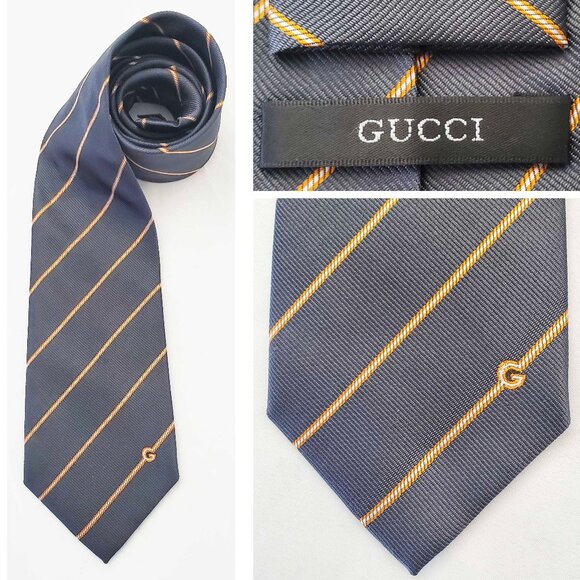 Gucci Mens Neck Tie  Silk Striped Grey Orange with Logo Italy - Picture 1 of 11